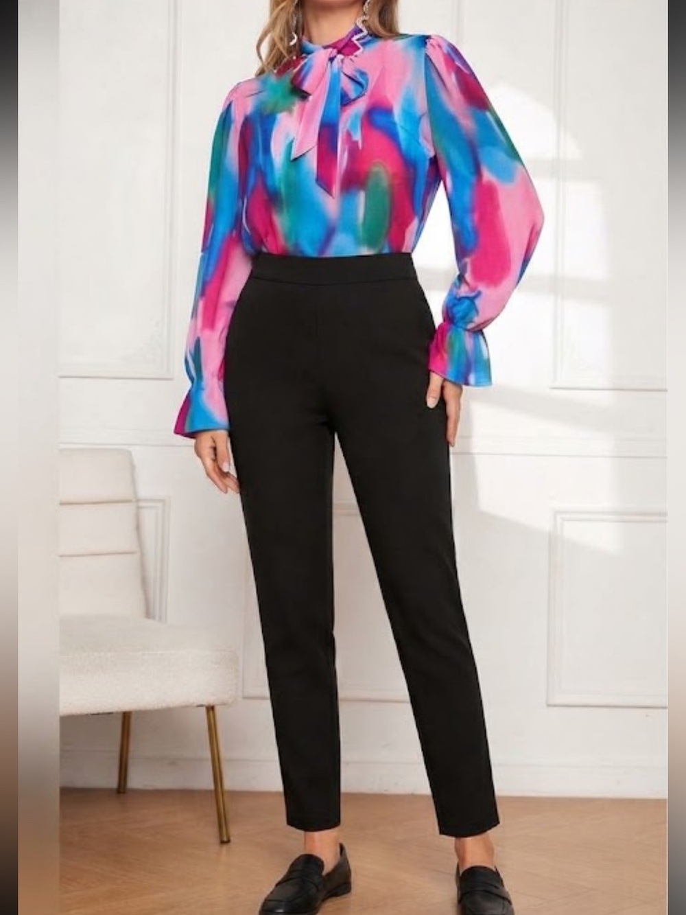 SHEIN Privé 1pc Tie Dye Tie Neck Flounce Sleeve Blouse size XS